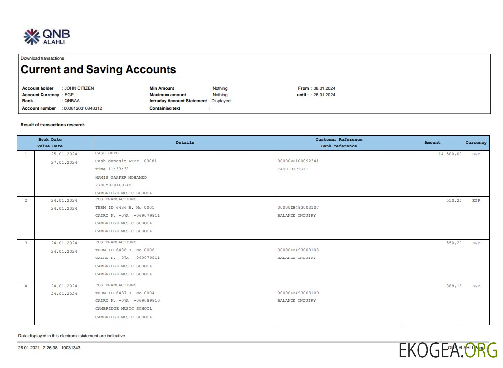 Relevé bancaire Qatar QNB Alahli 3 – 6 mois Exemple Word et PDF, version 2